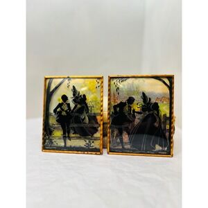 Antique Convex Glass Reverse Painted Victorian Silhouette Art Set Of 2 4.25x5.25